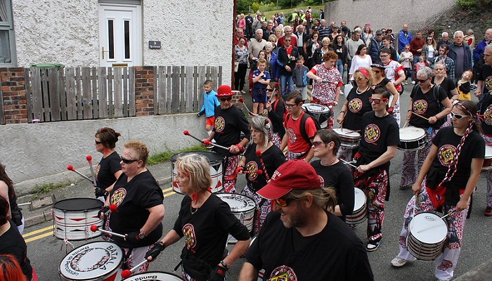 Batala Bangor performing during the Gwyl Felin carnival procession