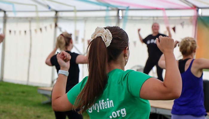 Group of people dancing taking part in Dancefit for Adults at Gwyl Felin